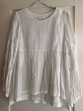 White Linen Peasant Blouse with Gathered Waist